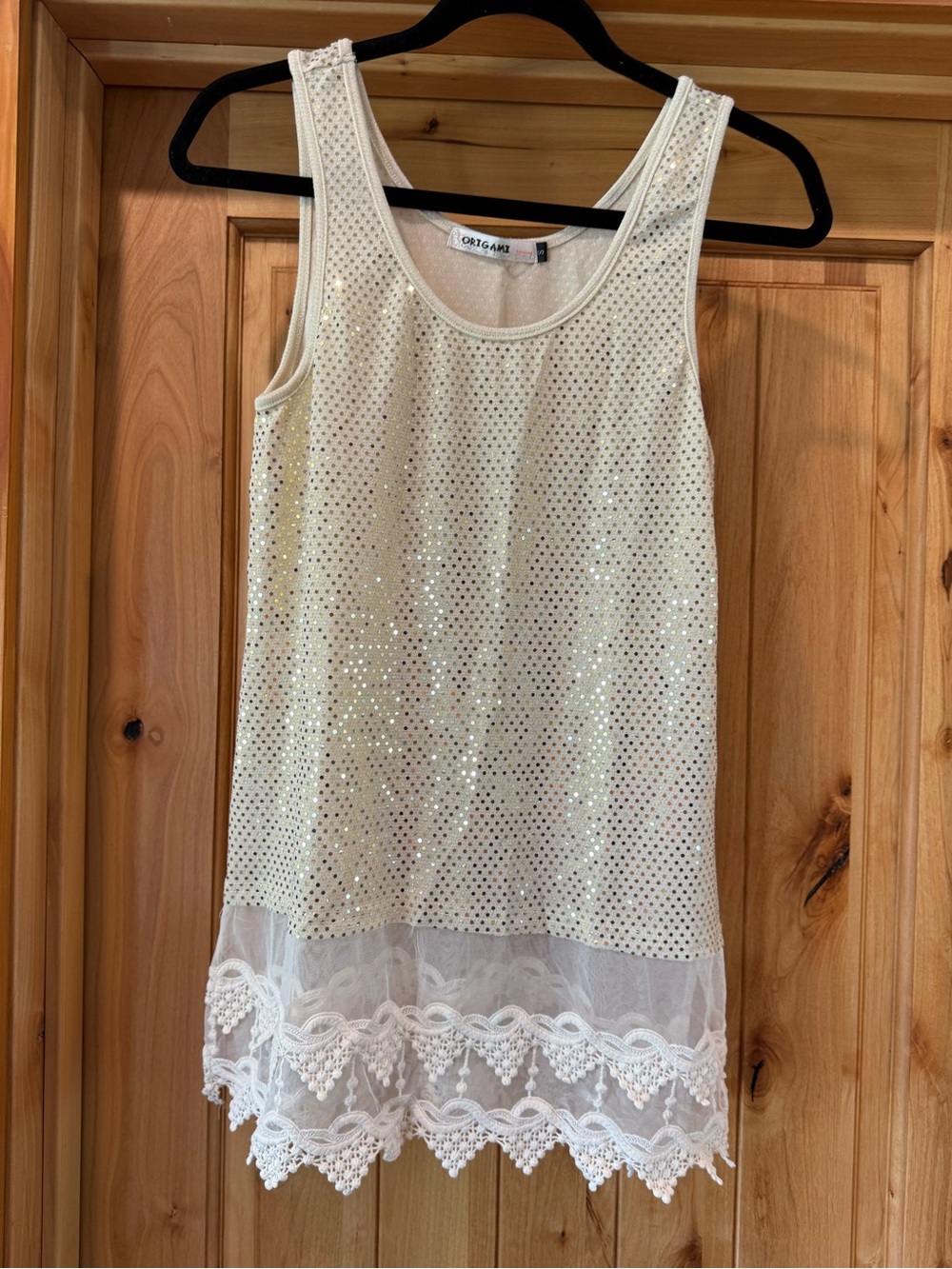 Origami Cream Sequin Lace Hem Tank Top